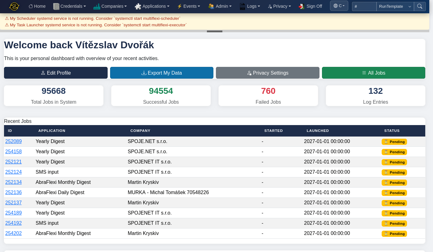 MultiFlexi dashboard showing job statistics and recent executions
